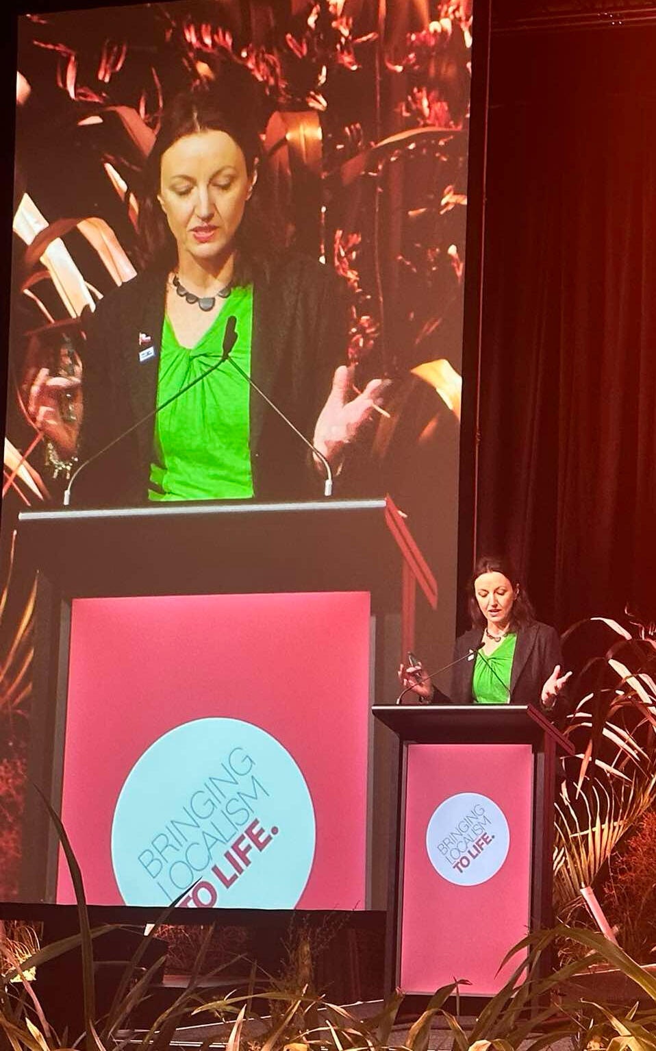 Sarah Lucas, local elections mayoral candidate for New Plymouth, giving an address at SuperLocal 2025